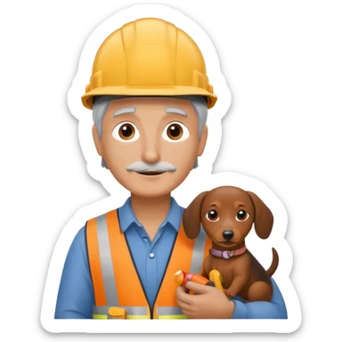 Construction worker with gray hair and weiner dog sticker