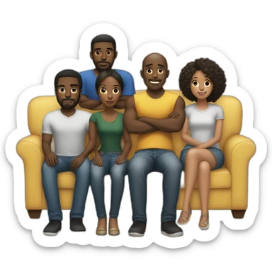 (five black men) standing around a light-skinned girl sitting on a sofa sticker