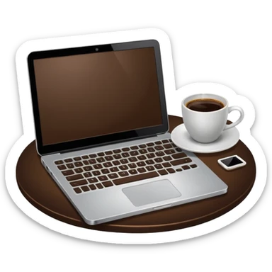 laptop and coffee are on the table. coffee is not on the laptop. sticker
