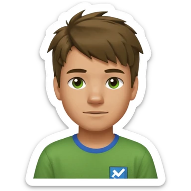 A 14 yerar old teenage boy, slightly tanned, wearing a green minecrcaft tshirt, blue jeans and green sneakers with brown tousled hair, smirking sticker