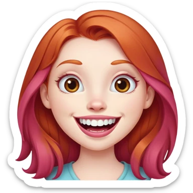Young girl with pale skin, full pink lips smiling with big teeth, ginger red hair (very long), bigger nose, extra large brown eyes (very big eyes), big mouth sticker
