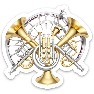 Create a festive and elegant emoji collage featuring a bouquet or fan of brass instrument bells (trumpets, saxophones, trombones, etc.) arranged in a radiant, symmetrical pattern. The instruments should have polished, golden and silver finishes, with their large, shiny bells forming a beautiful, fan-like display. Include a flowing ribbon of musical notes swirling through the center, conveying movement and melody. The background should feature a deep red velvet texture, adding a touch of luxury and sophistication. The overall composition should be balanced, with an elegant and regal feel, with a transparent background to keep focus on the instruments and musical elements. sticker