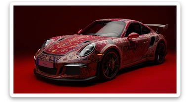 Closeup shot of a porsche 911, body of car made of russian carpet with patterns, red solid studio background, very dark room, top low key light, dutch angle, haze, captured by ARRI 65 sticker