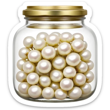 clear glass jar filled with small white pearl onions submerged in clear brine, rounded jar with metal lid, tightly packed contents visible through transparent sides, onions smooth glossy slightly translucent, no label no fork no garnish, closed jar, soft lighting, subtle shadows, emoji scale sticker