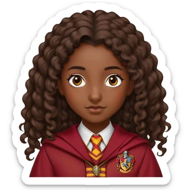 Alicia Spinnet in harry potter, wear hogwarts gryfindor uniform, long, dark, curly ponytail hair, dark skin sticker