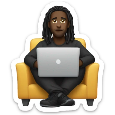 Black-guy-with-dreads-wearing-black-trackstuit-sitting-down-on-chair facing-foward-focused-on-laptop-computer- sticker