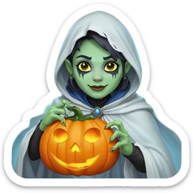 female orc ghost emoji, green skin, tusks, gentle smile, wearing flowing white ghost cloak with black eye holes, holding pumpkin lantern, faint glowing blue mist, Halloween fantasy, smooth Apple emoji style, white background, square sticker