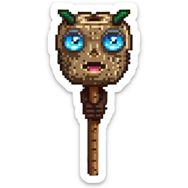 log character with big cartoon eyes holding a stick sticker