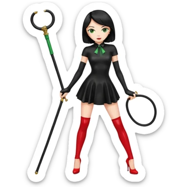 🕵🏻‍♀️💦🧥 black hair , green eyes , full body , red high heels , whip , black latex dress sticker