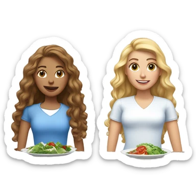 2 women, one with straight blonde hair and the other with long brown curly hair. Both wearing long sleeved blue and white shirts. Plate of past and bowl of salad in front of them sticker