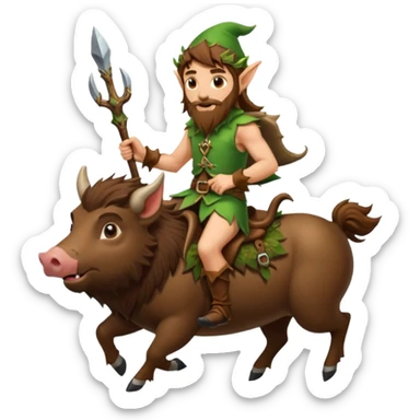 tiny forest elf man long brown hair beard riding boar sticker