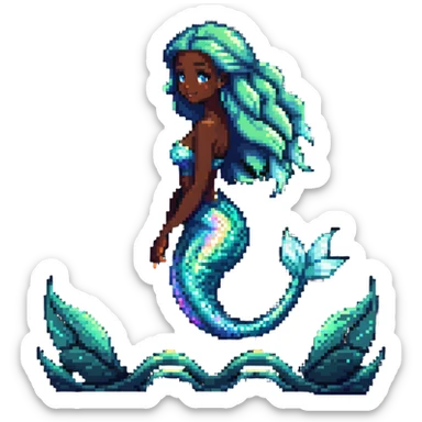 Dark-skinned mermaid with glowing iridescent tail in ocean setting sticker