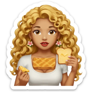 sexy and muscled tanned asian girl, long golden curly hair, makeup and floral tattoes, earrings, bored face, eating toast with butter sticker