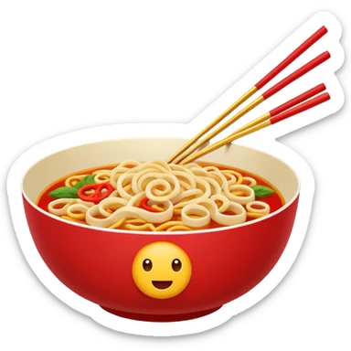 Chinese cuisine humanless avatar in bright emoji-style illustration. Noodles bowl, red and gold colors, simple shapes, flat design, bold and energetic. sticker