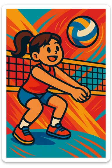 Add a volleyball net to the scene, maintaining a vibrant and energetic style with dynamic colors and lively atmosphere. sticker