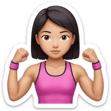 Athletic Asian girl show biceps wearing pink sticker