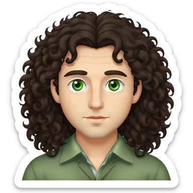 man with long, voluminous dark brown curly hair and light green eyes sticker