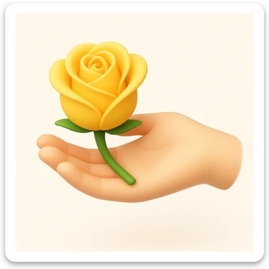 3D iOS style illustration of a hand gently holding a yellow rose, soft rounded shapes, pastel colors, smooth shading, white or light background, inspired by iOS emoji aesthetics. sticker