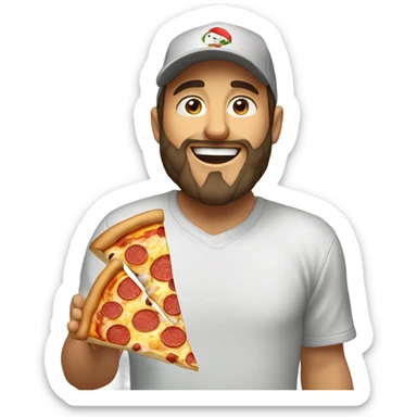 Happy brunette man with beard in a plain baseball cap and hoodie happily eating pizza sticker