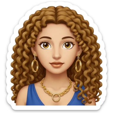 attractive Greek woman with long curly hair and light skin wearing gold hoop earrings and a gold necklace sticker