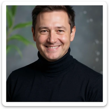 Vertical portrait, only the man's face, realistic style: smiling expression, symbols of leaves and flowing water near the face, atmosphere of purification and vitality. sticker