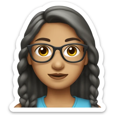 mujer de piel clara con lentes,ojitos chinos,pelo oscuro y recogido con una coleta,con blusa azul, sticker