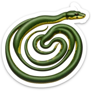 A photo-realistic top-down view of a Green Anaconda tightly coiled in a spiral, with its broad, flat head resting at the center. Its thick, muscular body is olive-green and covered in symmetrical, bold black oval spots that stand out against its smooth scales, creating striking natural camouflage. sticker