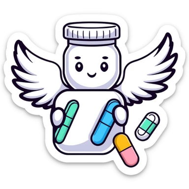 Cute medicine pill or capsule with angel wings flying sticker