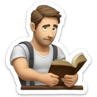 Puzzled man scratching head while reading a law book sticker