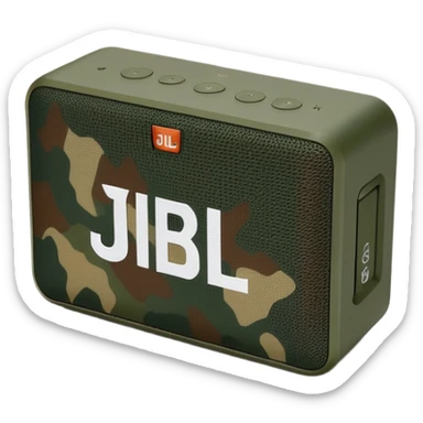 Ultra minimal JBL Go 4 bluetooth speaker with green and brown camouflage pattern, sleek design, simplified controls sticker