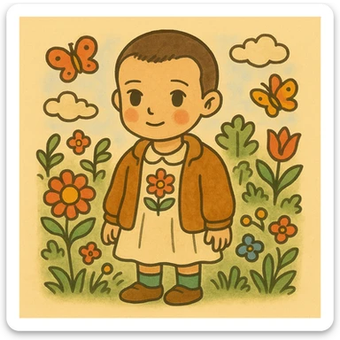 Replace the character with Eleven from Stranger Things, maintaining the coloring book inspired style by Bobbie Goods and Cuzy, in the Ghibli style, square format 1:1. sticker