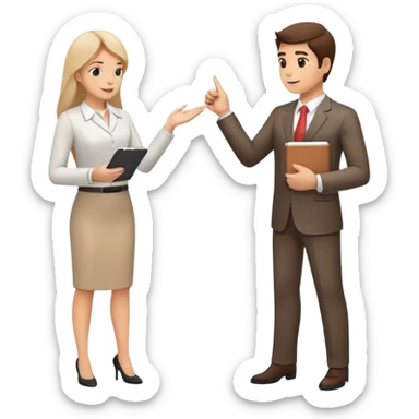 two team members facing each other, one holding a notepad and the other gesturing, in a collaborative pose sticker