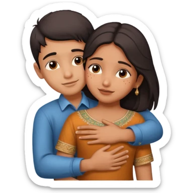 indian boy hugging indian girl from behind... boys hand down near navel of girl... boys head on the shoulder of girl... hugging tight.. more romantic sticker