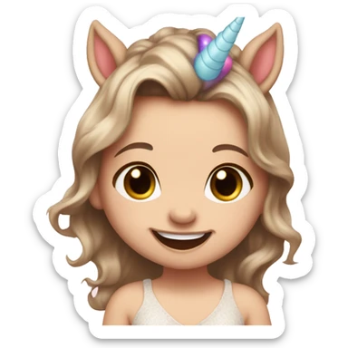 newborn with pale skin, hazel eyes, straight brown hair, wearing unicorn headband and big smile and tongue out sticker