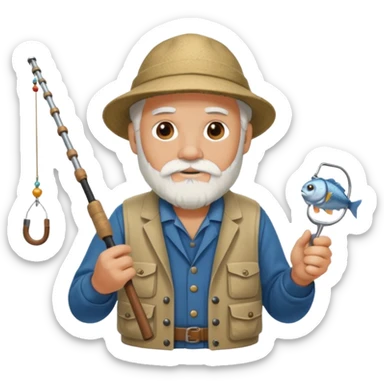 an old white haired, bearded man in fisherman attire, sat in a big boat on a calm sea, holding one fishing rod in one hand, with the end of the fishing line touching the water sticker