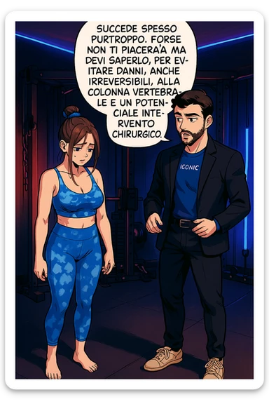 fai questa immagine in versione fumetto/manga/webtoon a colori, il manga mostra l'uomo che risponde alla donne:
Succede spesso purtroppo. 
Forse non ti piacerà ma devi saperlo, per evitare danni, anche irreversibili, alla colonna vertebrale e un potenziale intervento chirurgico. sticker