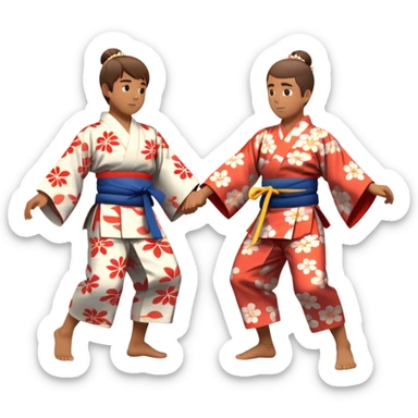 Cinematic Realistic scene of two performers engaging in Bon Odori, dressed in traditional yukata with intricate summer patterns, captured in graceful, rhythmic motion with warm, festive lighting sticker