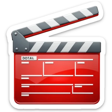 Glossy bright red clapperboard in the classic style of Apple icons: the top bar is tilted up-left, the body and bar with a deep glossy glare, dark gray edging, black background inside, perfectly square with rounded corners. sticker