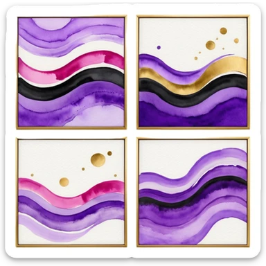 Black, white, gold, purple, abstract Watercolor paintings on three small canvases hanging next to each other  sticker