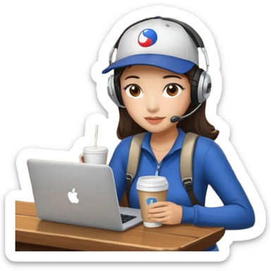 A Korean girl at a dive bar with a laptop and headphones on holding a cup of coffee sticker