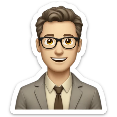 Joyful Pale skinned Fit Man With dark brown hair in gray jacket, beige office shirt, Brown pants and vintage glasses. His thrumbs up sticker