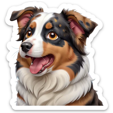 Cinematic Cute Yawning Calico Australian Shepherd Portrait Emoji, Head tilted slightly with a dramatic, wide-open yawn, predominantly white coat with vibrant black, tan, and red calico merle patches, floppy ears slightly drooping, round blue eyes barely open in drowsy contentment, Simplified yet irresistibly adorable features, highly detailed, glowing with a soft, cozy glow, high shine, relaxed yet expressive, stylized with a touch of whimsy, bright and endearing, soft glowing outline, capturing the essence of a sleepy yet affectionate pup, so drowsy it feels like it could stretch right out of the screen and curl up for a nap! sticker