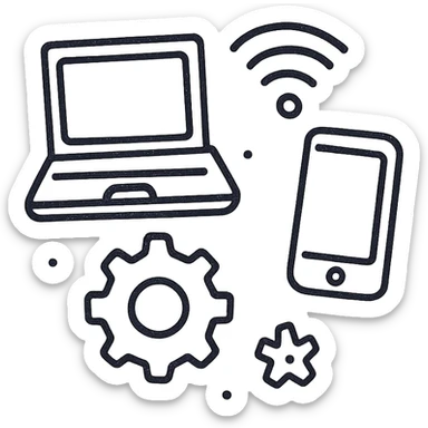 technology doodle, hand-drawn black outline style, casual and sketchy sticker