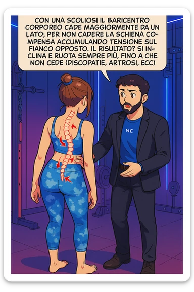fai questa immagine in versione manga/webtoon a colori, il manga mostra la donna di spalle, mentre l'uomo le tocca la spina dorsale per spiegarle come funziona la scoliosi:
Con una scoliosi il baricentro corporeo cade maggiormente da un lato; per non cadere la schiena compensa accumulando tensione sul fianco opposto.
Il risultato? Si inclina e ruota sempre più, fino a che non cede (discopatie, artrosi, ecc) sticker