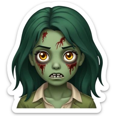 zombie girl, dark green skin color, long hair, black color, neutral expression  sticker