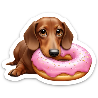 Old dachshund laying down licking a pink frosted doughnut in front of it sticker