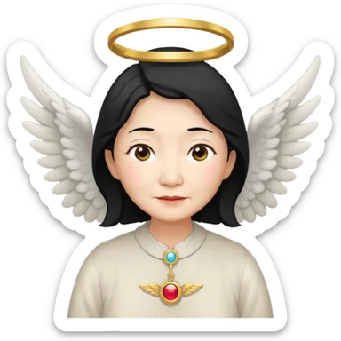 Angel Old Lady with wings black hair asian  smaller eyes w halo sticker