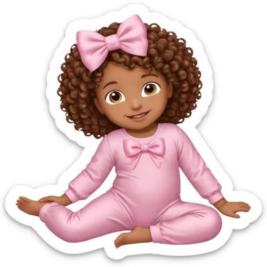 Brown skin baby with brown curly hair down laying down with satin baby pink onesie and white bow sticker