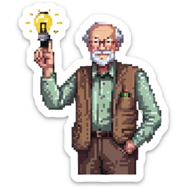 elderly man pointing his finger up at a light bulb, pretending that he has an idea sticker