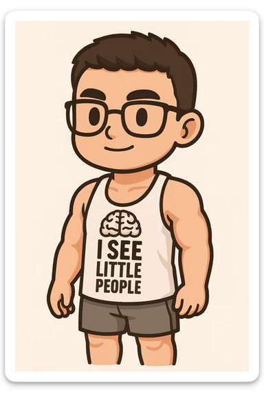 Full body illustration of a young, strong man with short dark hair, wearing glasses and a white gym tank top. Style is cute, cartoon, and simplified with bold black lines and soft colors, matching the chibi stickers style. sticker